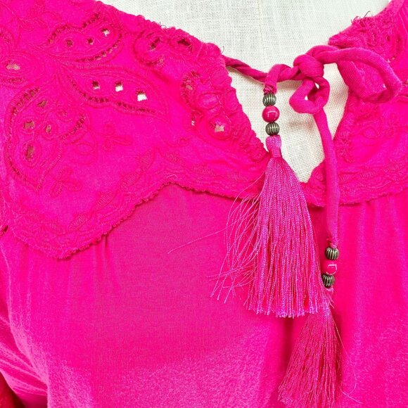 Lauren Ralph Lauren Boho Peasant Top Womens 2X Fuchsia Embroidered with Tassels - Picture 5 of 8